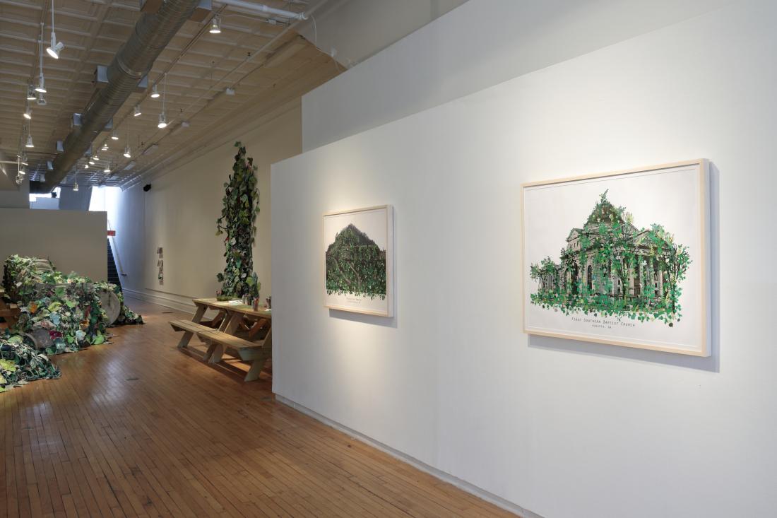 Installation View. Invasive Queer Kudzu: Richmond, 2019, Mixed media sculpture and Queer Kudzu vines